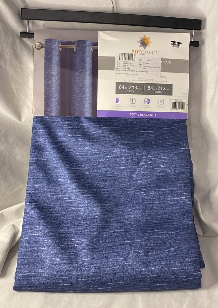 Sunsmart Como Total Blackout Polyester Curtain- 2 Panels-84”x84”-blue