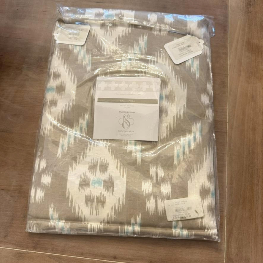 NIB Ballard Designs Suzanne Kasler Ikat Curtain Panel 108in Natural Aqua Linen