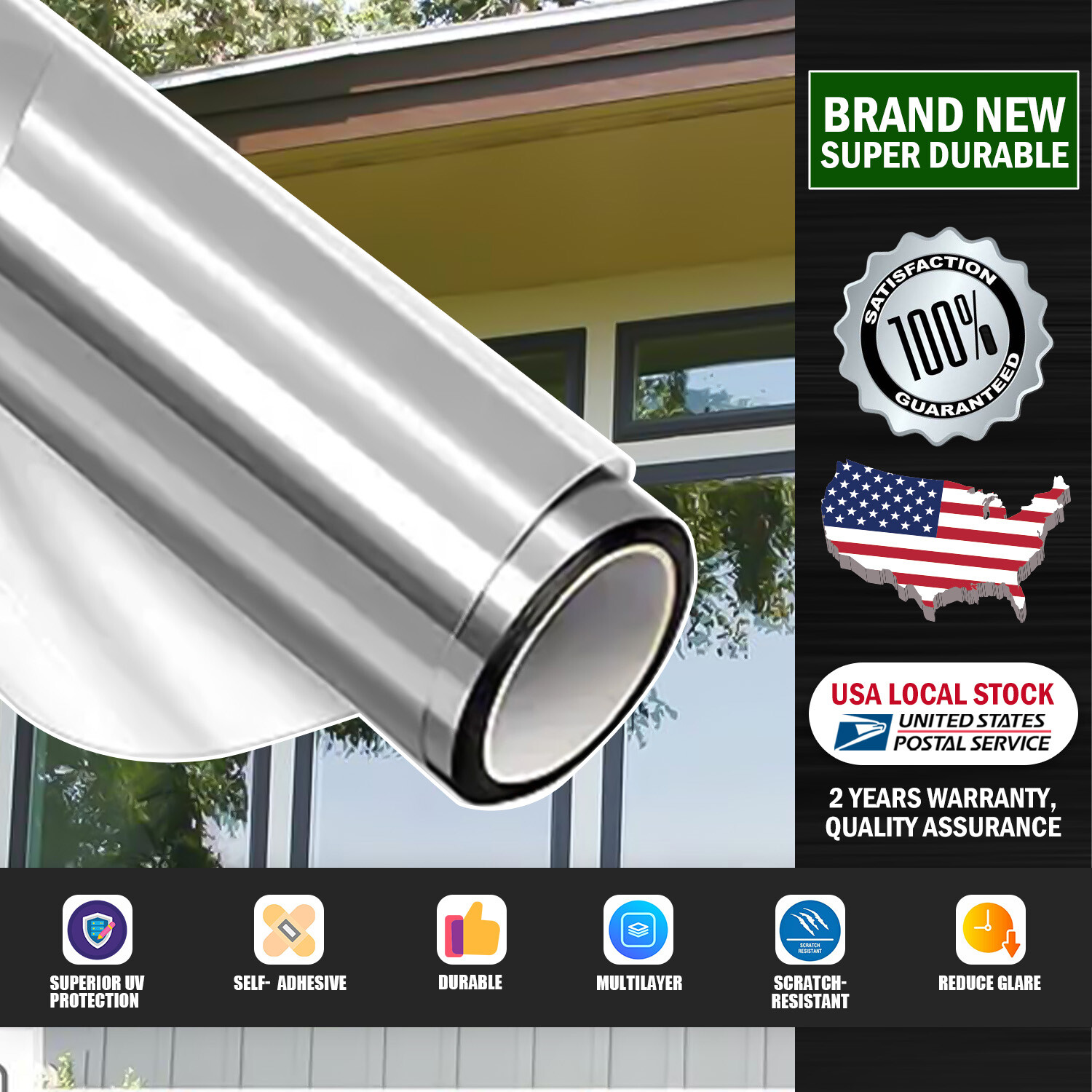 One Way Mirror Tint Window Film Privacy Protect UV Reflective Sun Block For Home