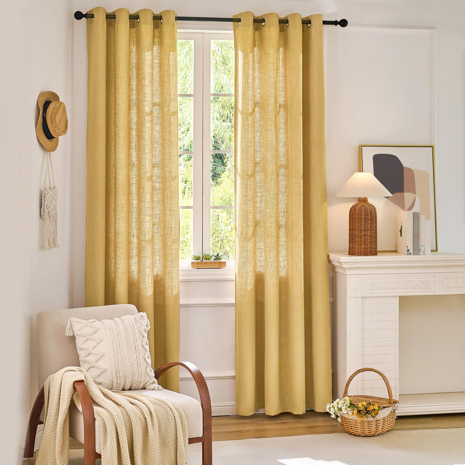 Misstiam Mustard Yellow Linen Window Curtain Panels Grommets 52 Inches Width 96