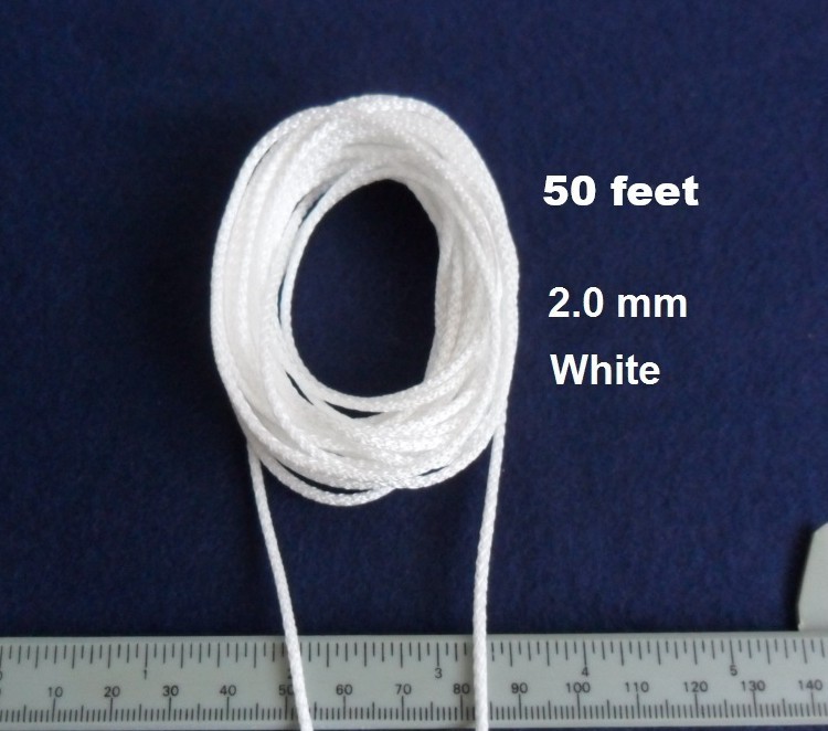 50 Feet 2.0 mm Blinds Shade Lift Pull Cord String Rope, White color.