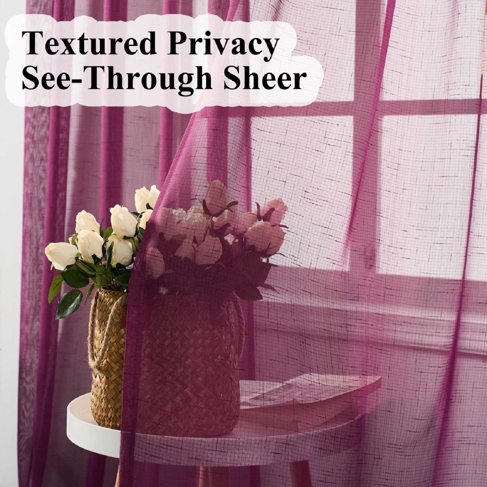 Ftinala Plum Purple Sheer 96 Inches Long Dark Linen Look Textured Light