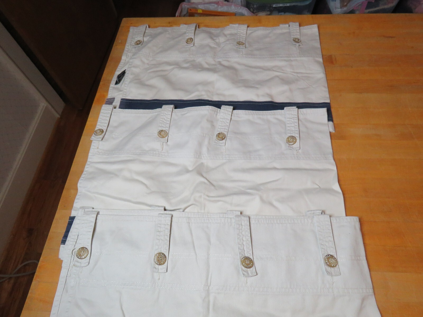THREE Nautica Window Valances Tan Navy Stripes Button Tab Top Cotton Vtg VGC