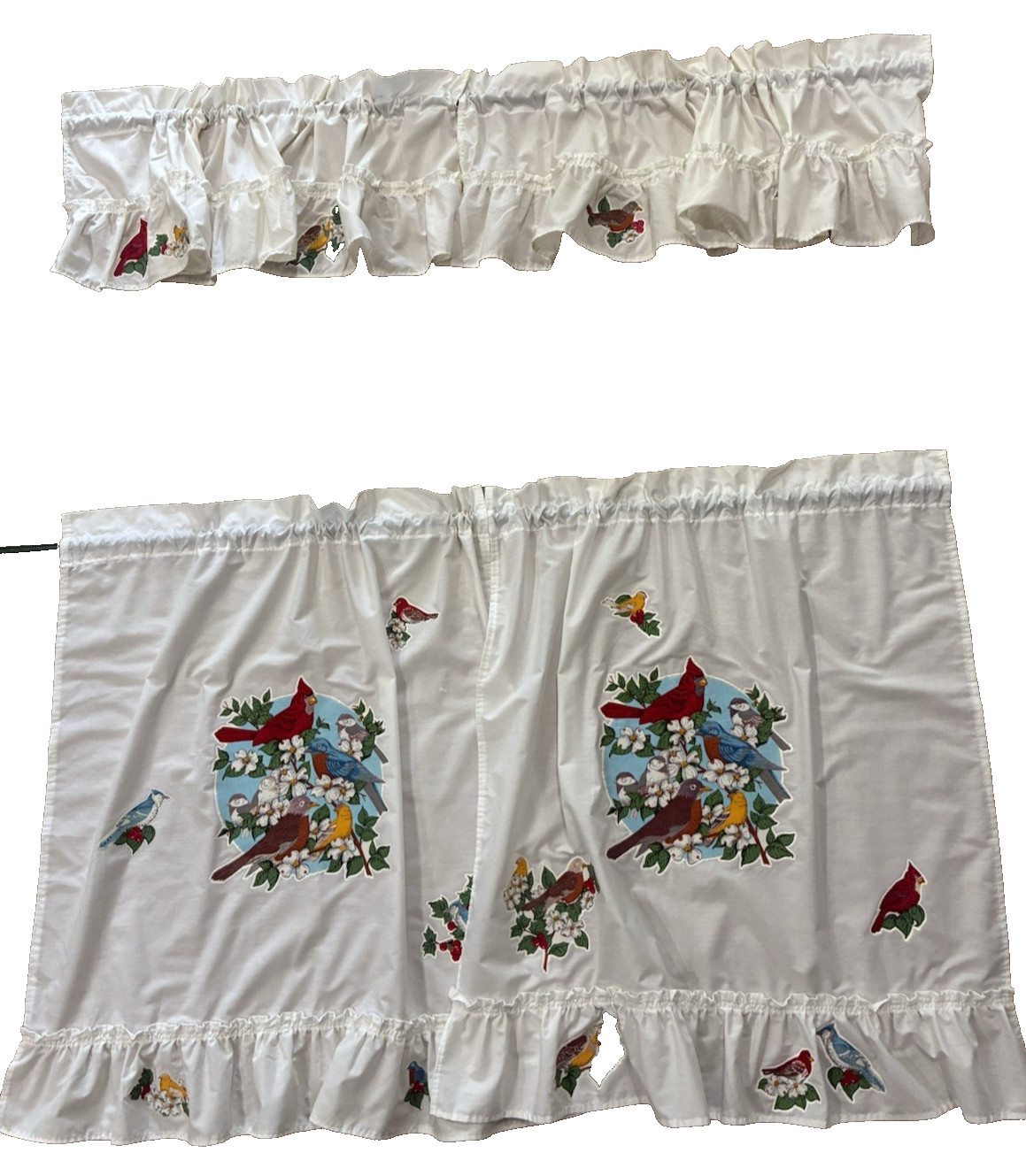 4 pc Vintage Cafe Birds Curtain Set White Ruffled Country Farmhouse Style