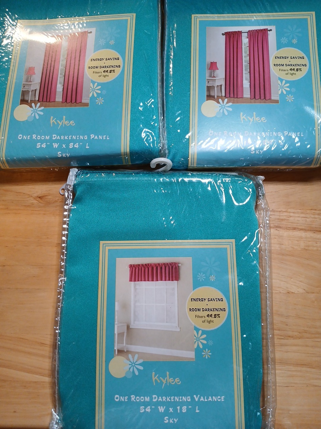 Kylee Room Darkening Curtains & Valance Sky Blue • Blackout Panel Set • Energy