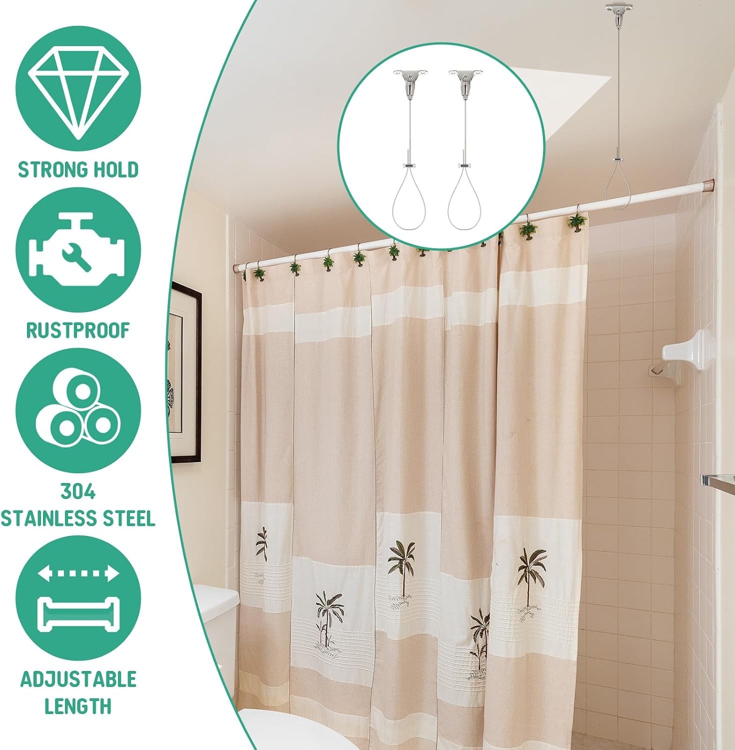 2Pcs Ceiling Mount Shower Curtain Rod Support Adjustable 60″ Closet Pole Bracket