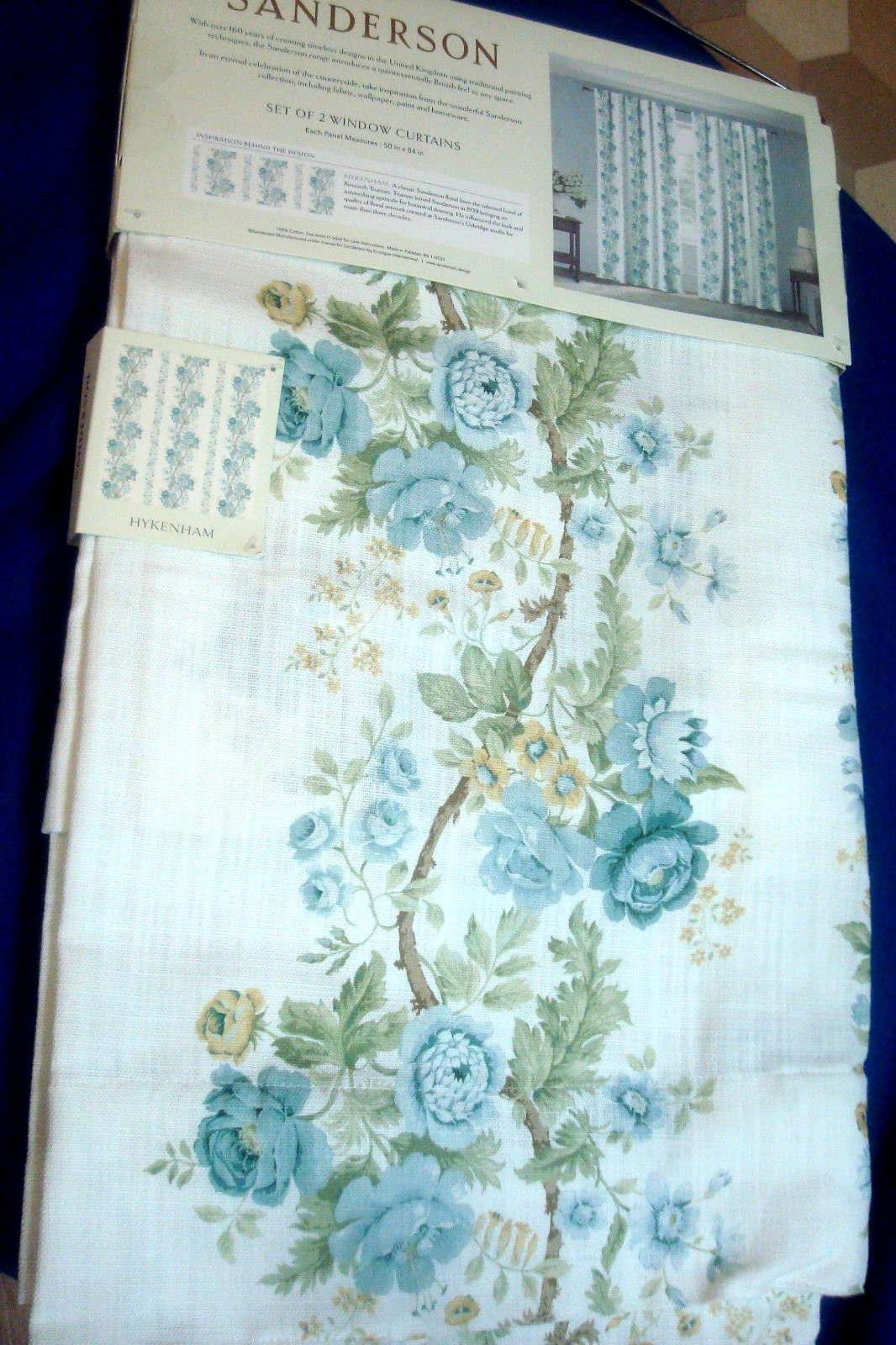 NWT Sanderson 2 pc Window Curtain Panels Hykenham Floral Aqua Blue Cotton 96″ lg