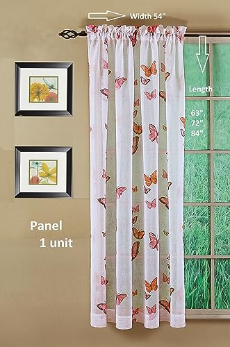 Butterflies Print Semi Sheer Panel, 63″, Pink, 54W x 63L