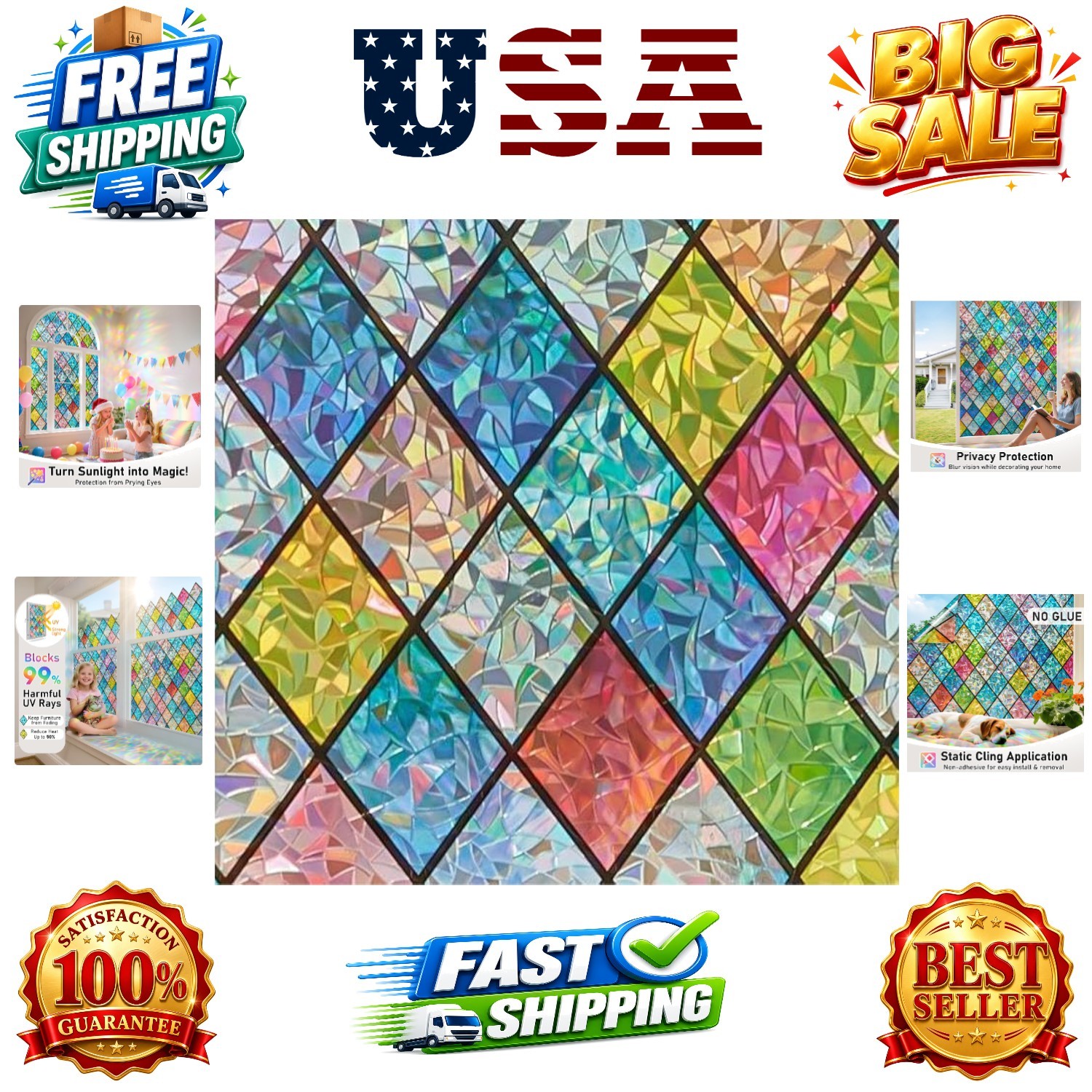Window Privacy Film Stained Glass, Static Cling Decorative Rainbow Window Cli…
