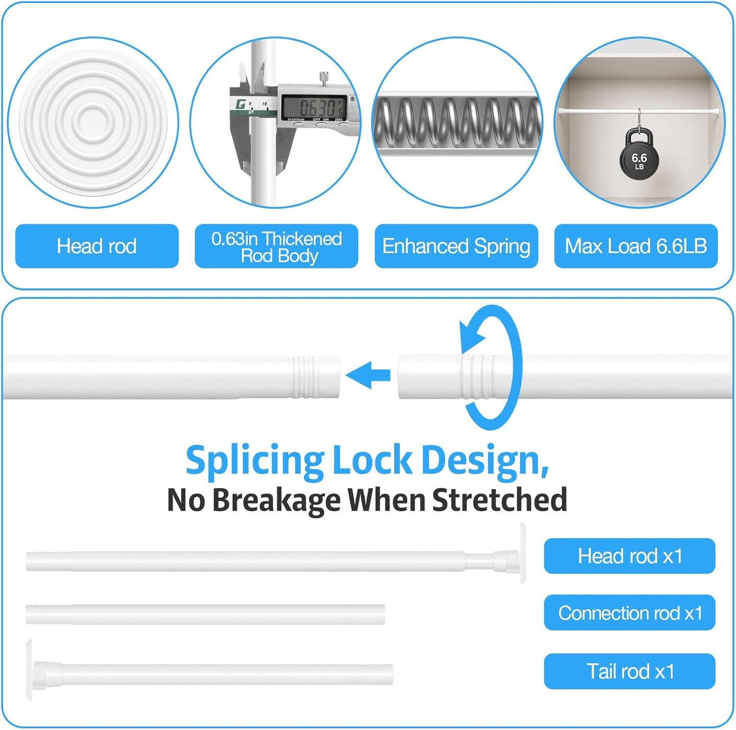 1 Pack Spring Tension Rod, Adjustable 33-59 Inch No Drill, White | 5/8 Inch Diam