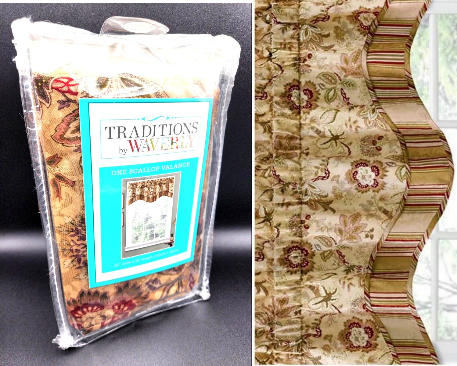 1 Waverly Navarra Antique Scallop Window Valance Jacobean Floral Gold Red Beige