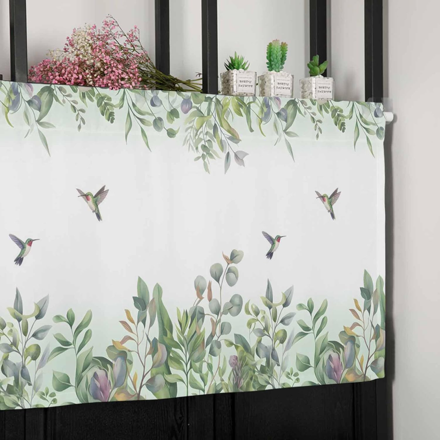 Valances for Windows, Plants Leaves Green Hummingbird Watercolor Style Kitchen W