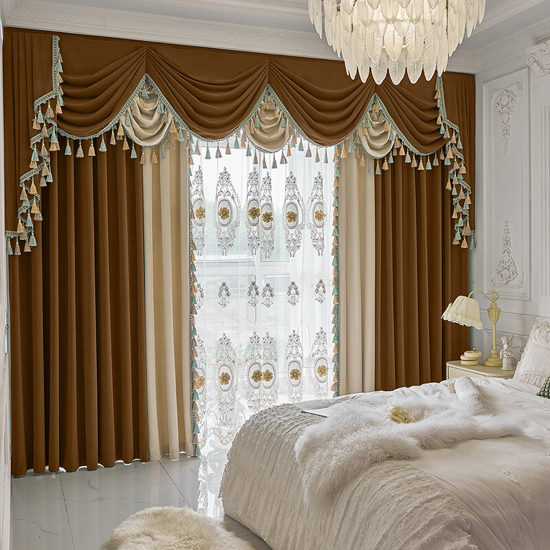 American thick luxury velvet coffee cloth blackout curtain valance drape C1457