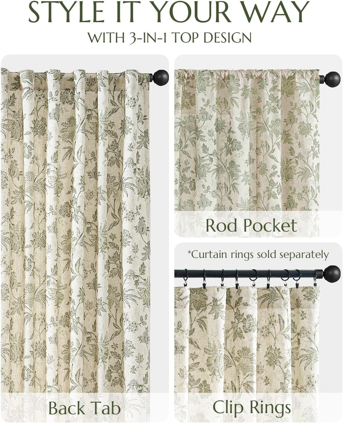 84″ Floral Linen Blackout Curtains Living Room Lined Farmhouse Room Darken Green