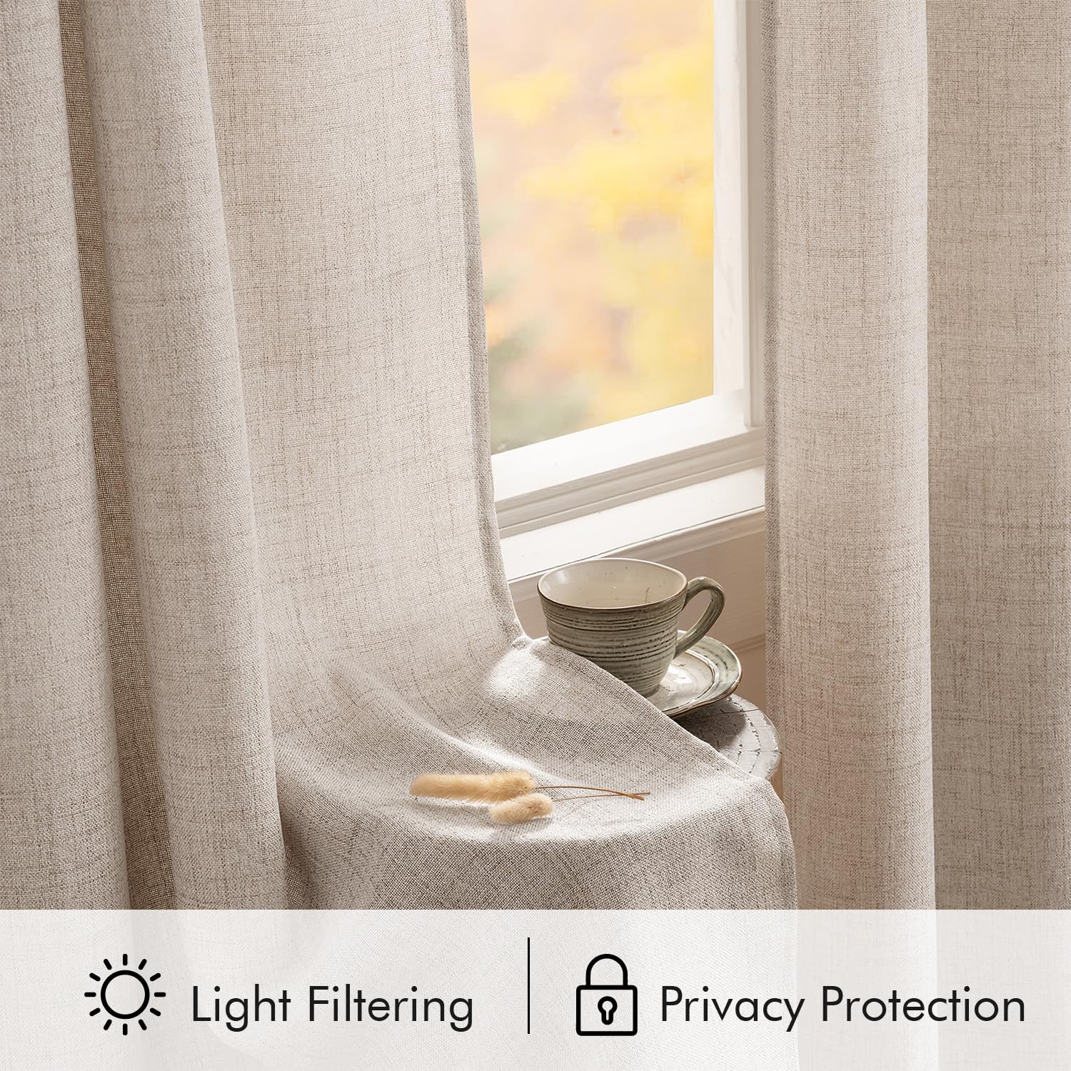 MIULEE Faux Linen Curtains 84 Inch Length 2 Panels Natural Semi Sheer Curtain wi