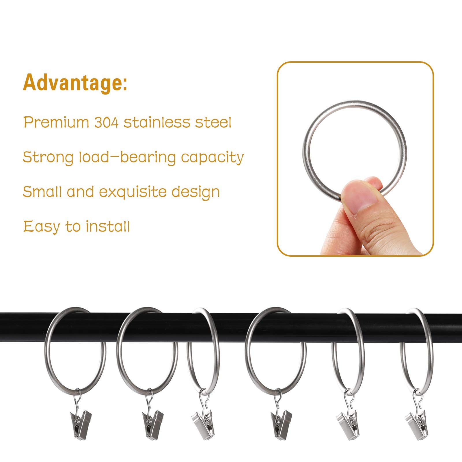 44 Pack Curtain Rings with Clips Hooks 2 inch Rustproof Matte Metal Stainless