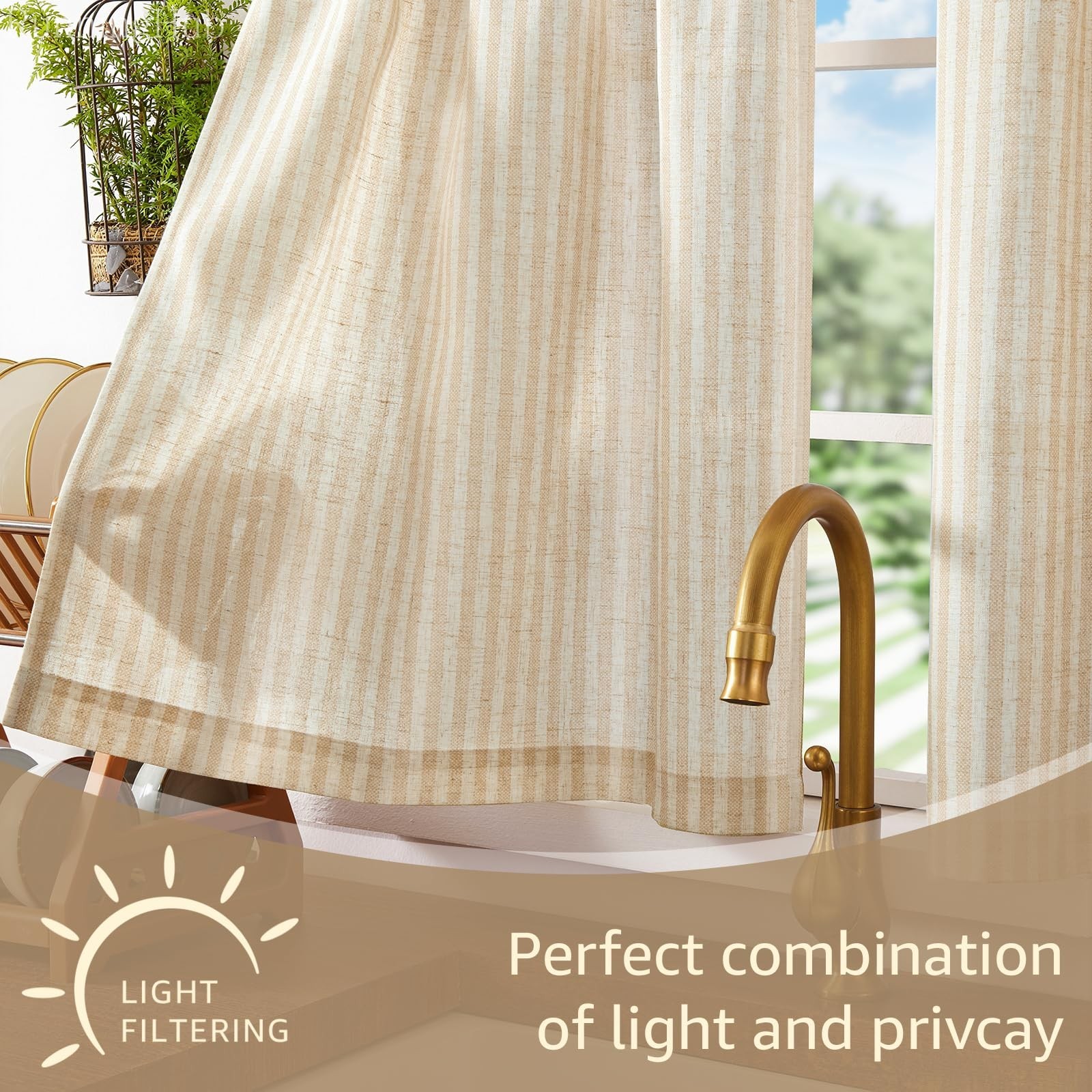 Striped Tier Curtains Set – Ticking Stripe Linen Cafe Curtains 24″ for Kitchen &