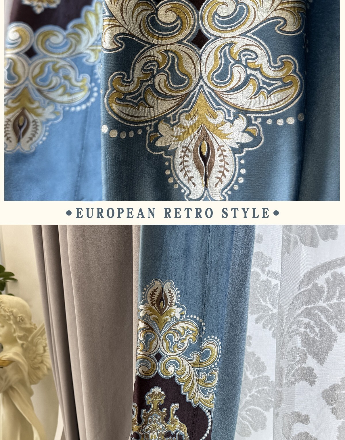 European elegant velvet splicing grey thick cloth curtain valance drape C2145