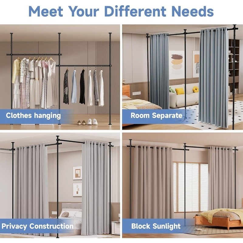 No Drill Curtain Tension Rod Room Divider Adjustable Portable Storage System New