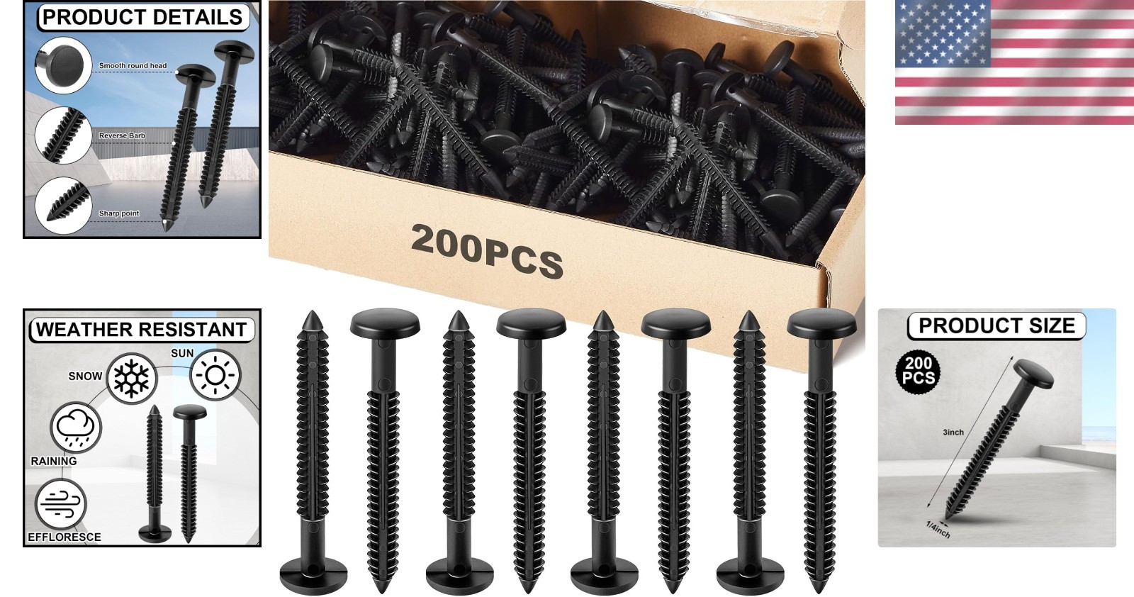 200 Pcs 3 Inch Vinyl Shutter Fastener Window Panel Peg Lok Pin Pegs Screws Sh…