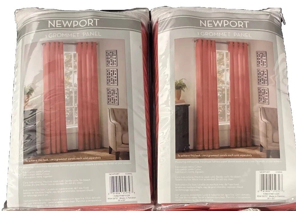 Lot of 2 Newport Grommet Panel 50in W X 63in L Coral Cotton NEW