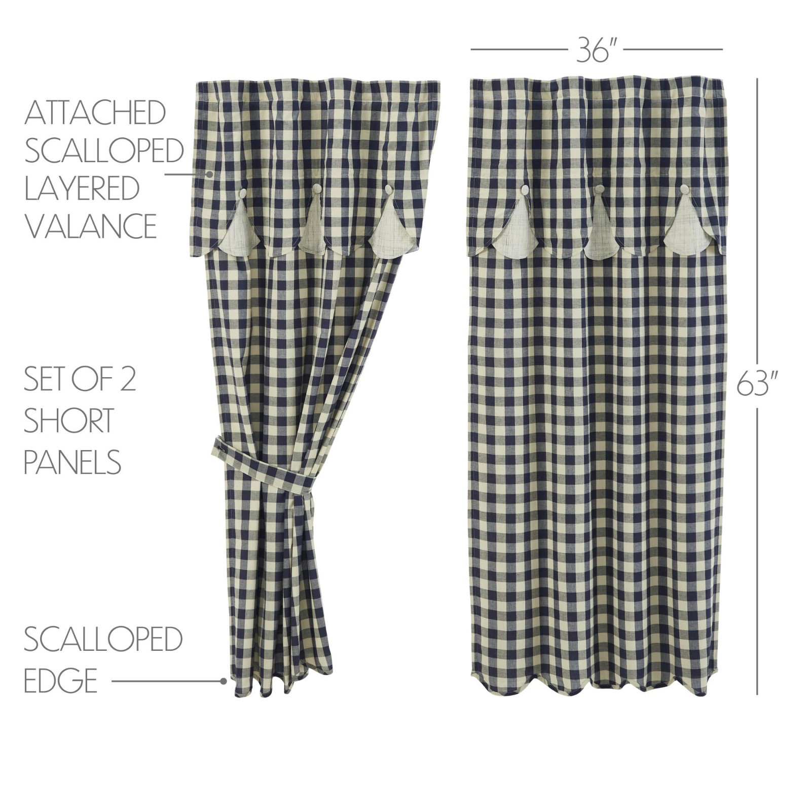 My Country Navy Khaki Check W/Valance Lined Country Home Window Panels 2 Sizes