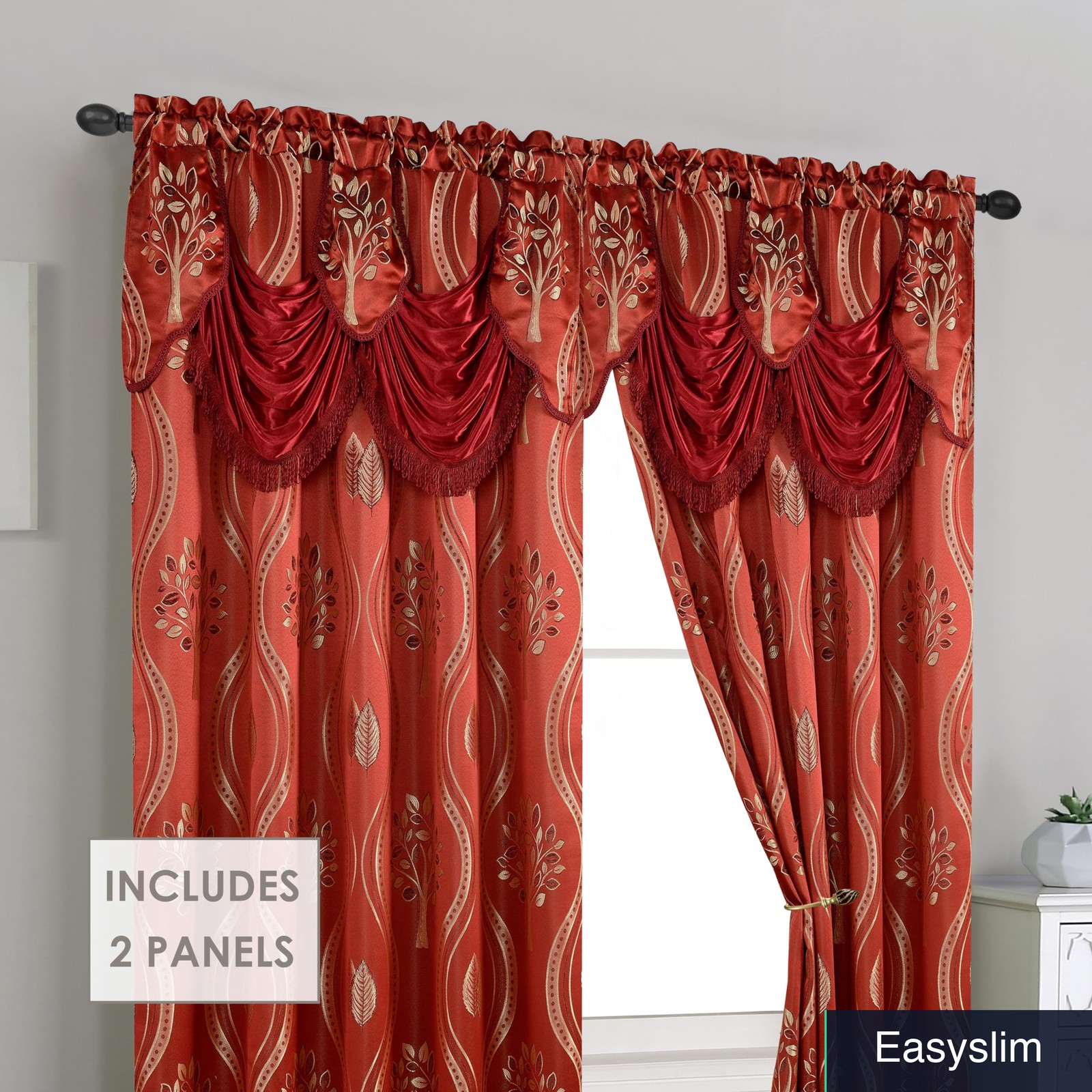 Curtain Panels Set of 2 with Valance, 54 inch Width x 84 inch Length Burgundy
