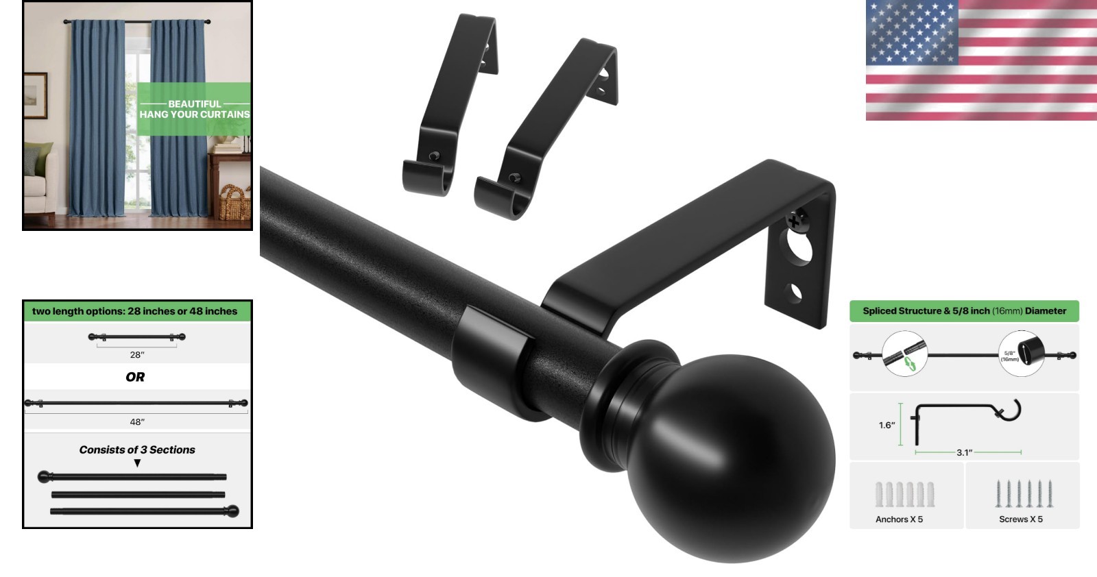 Sleek Black Curtain Rod Set, Adjustable 28-48 Inches – Easy Install Design