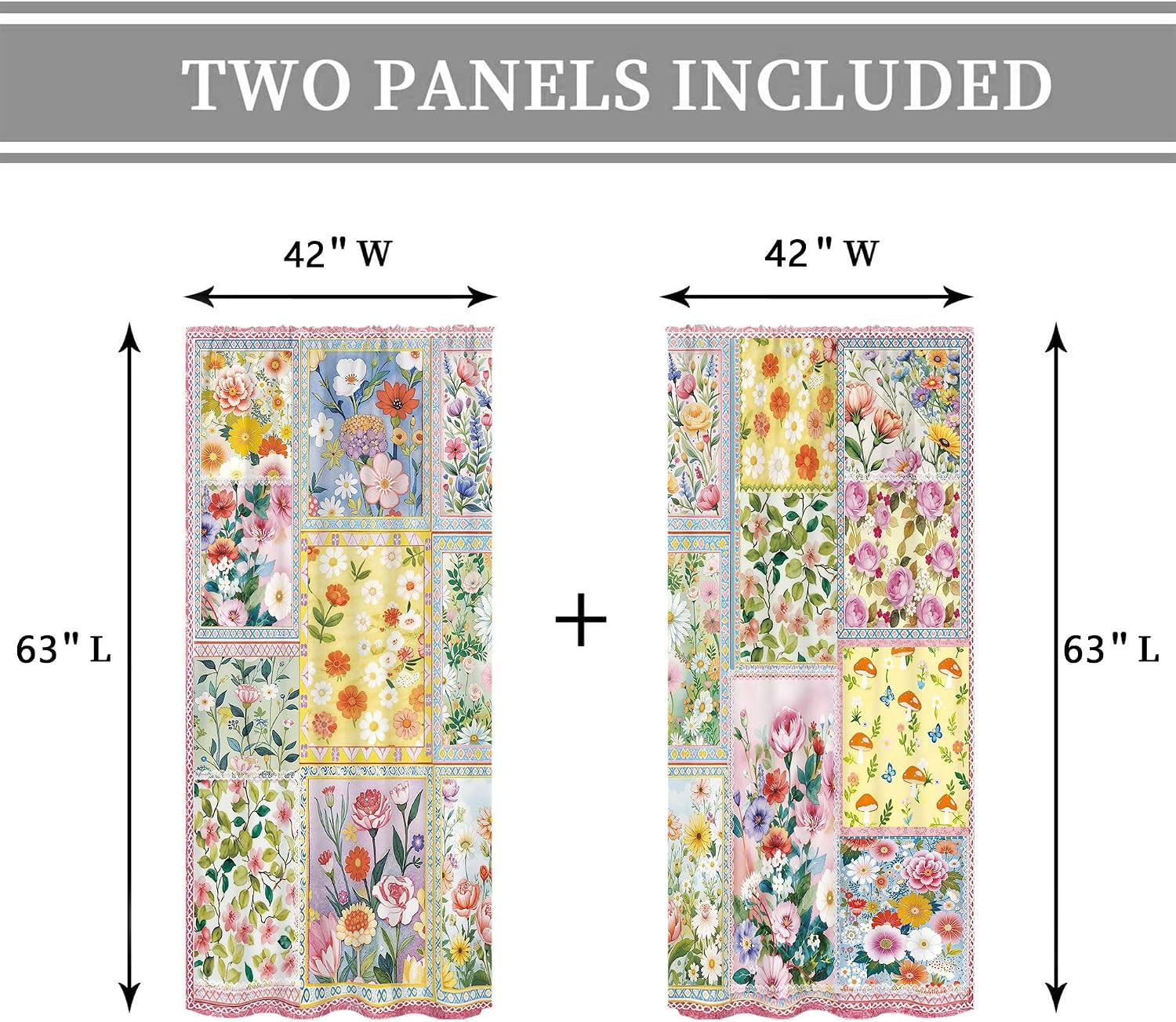 Pink Floral Patchwork Curtains 42Wx63H Inch Rod Pocket Vintage Country Bohemian