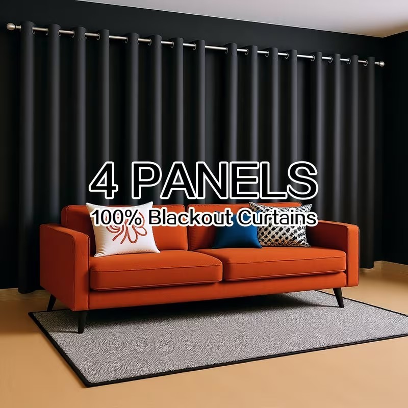 4pcs Black Thermal Blackout Curtains | Noise-Reducing, Ring Top