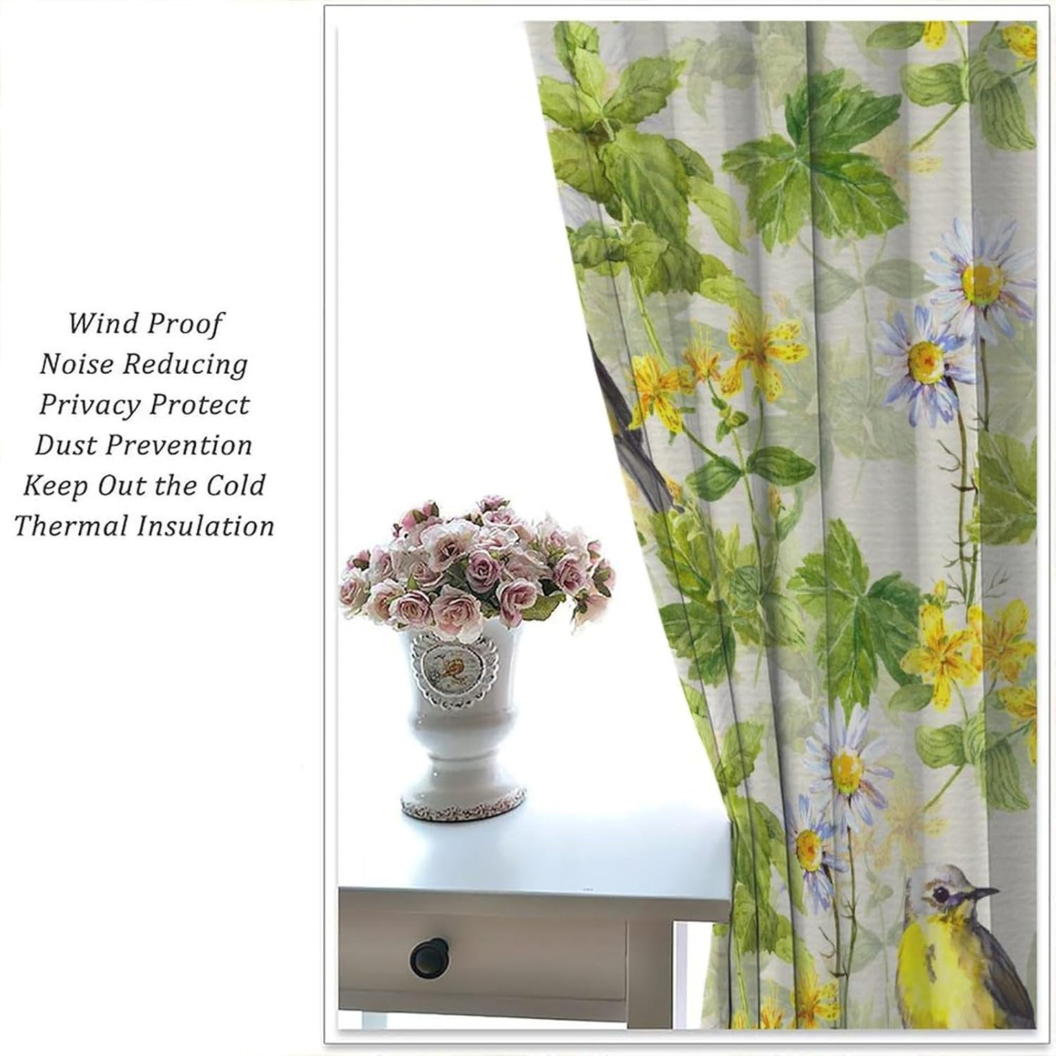 Bohemian Curtains, Vintage Rural Green Yellow Art Watercolor Plants Leaves Flor