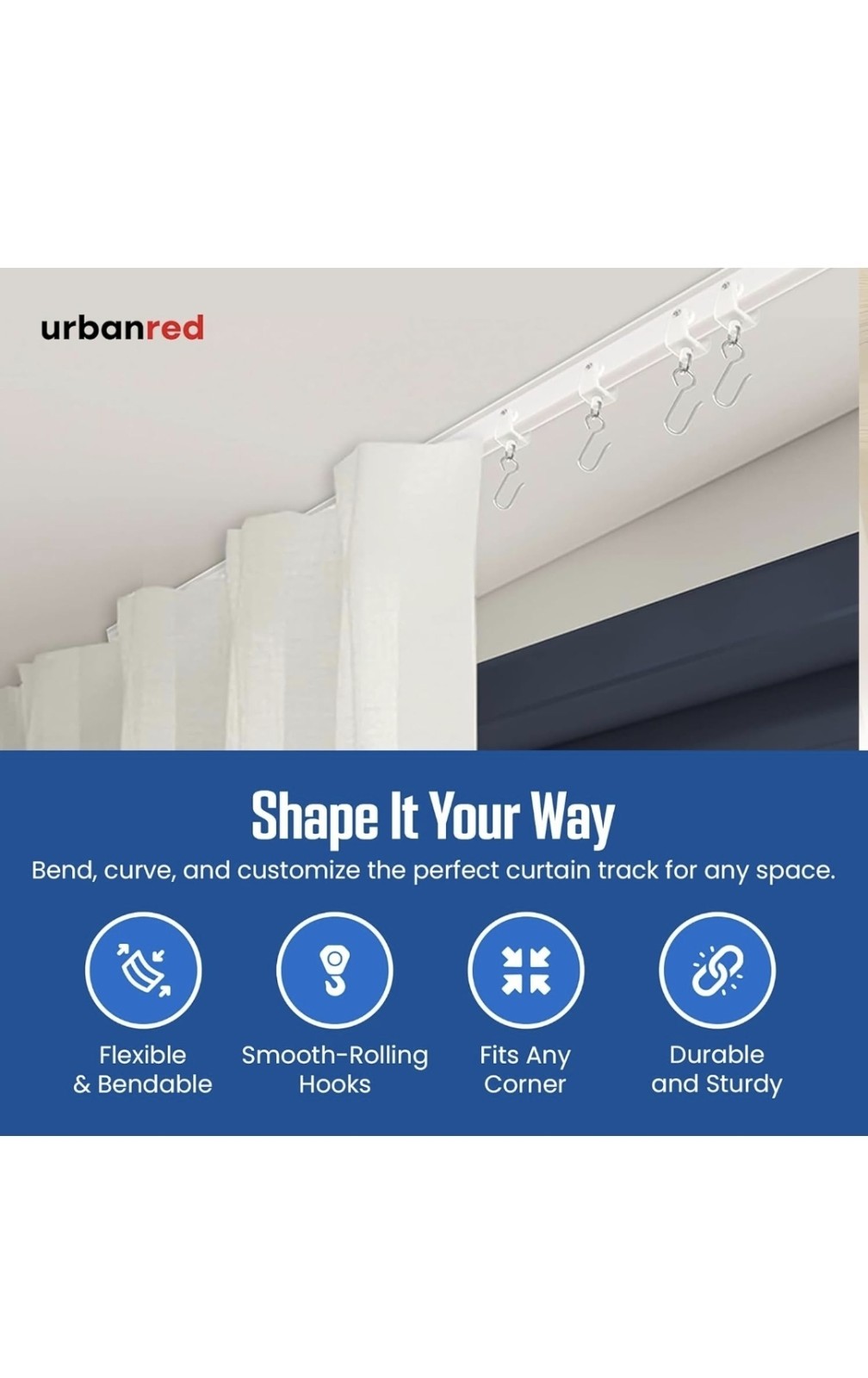 UrbanRed Flexible Bendable Ceiling Curtain Track, 16.4FT (5m), Ceiling Mount
