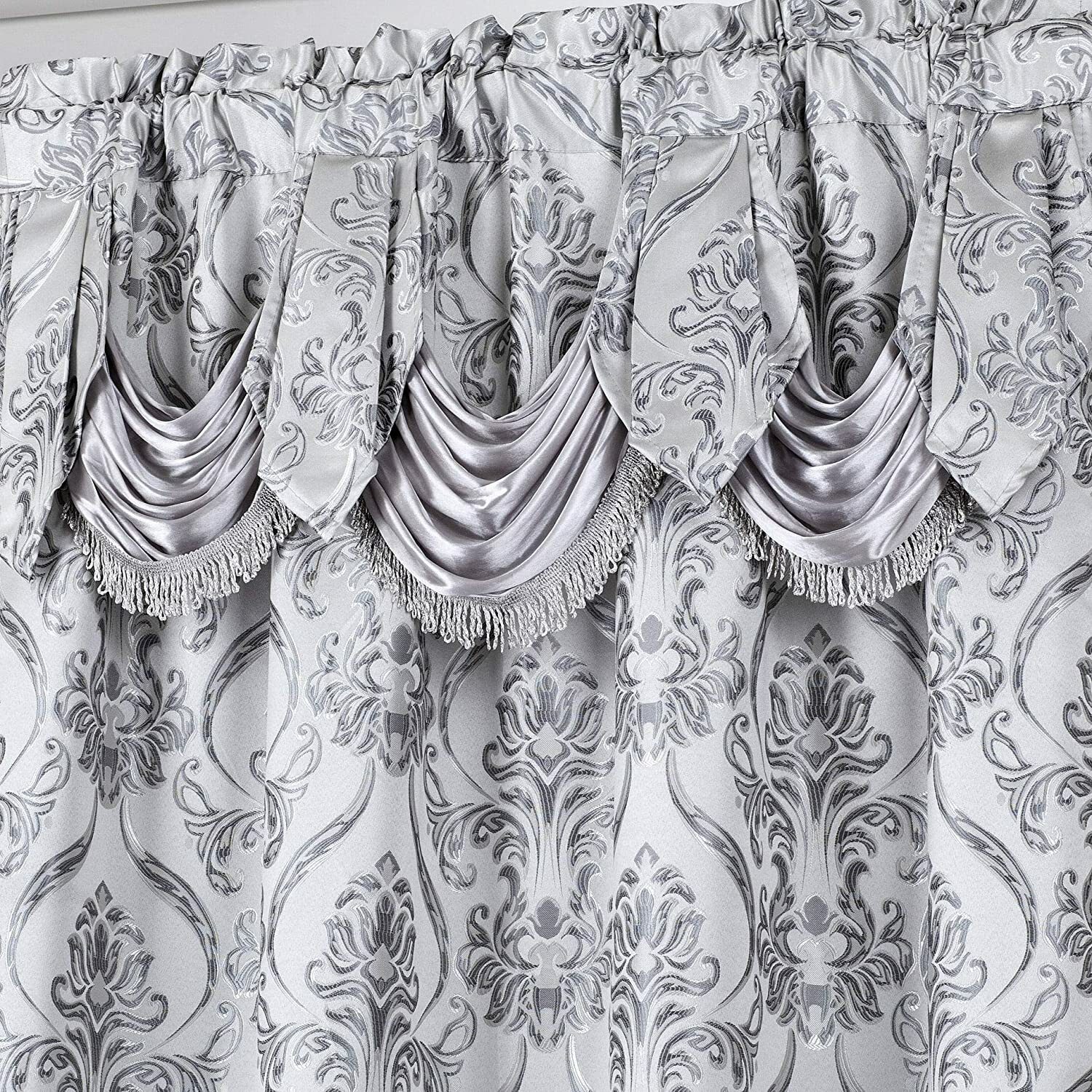 Set 2 Silver Gray Fringe Damask Curtains Panels Drapes Pair Valance 63 84 96 in