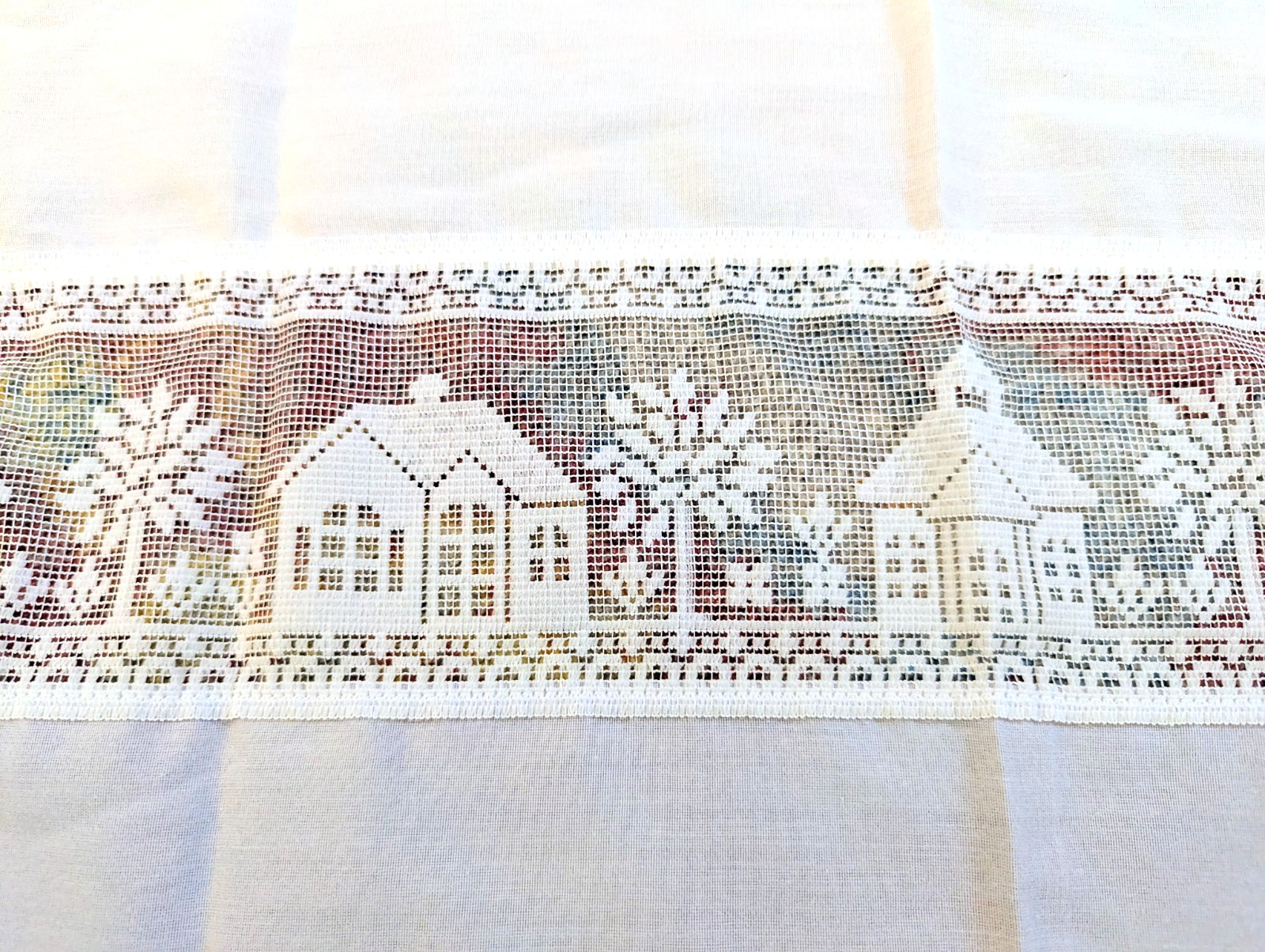Vintage Sheer Lace Curtain Valance Panel Pair Cottage Country Kitchen 22×56 80s