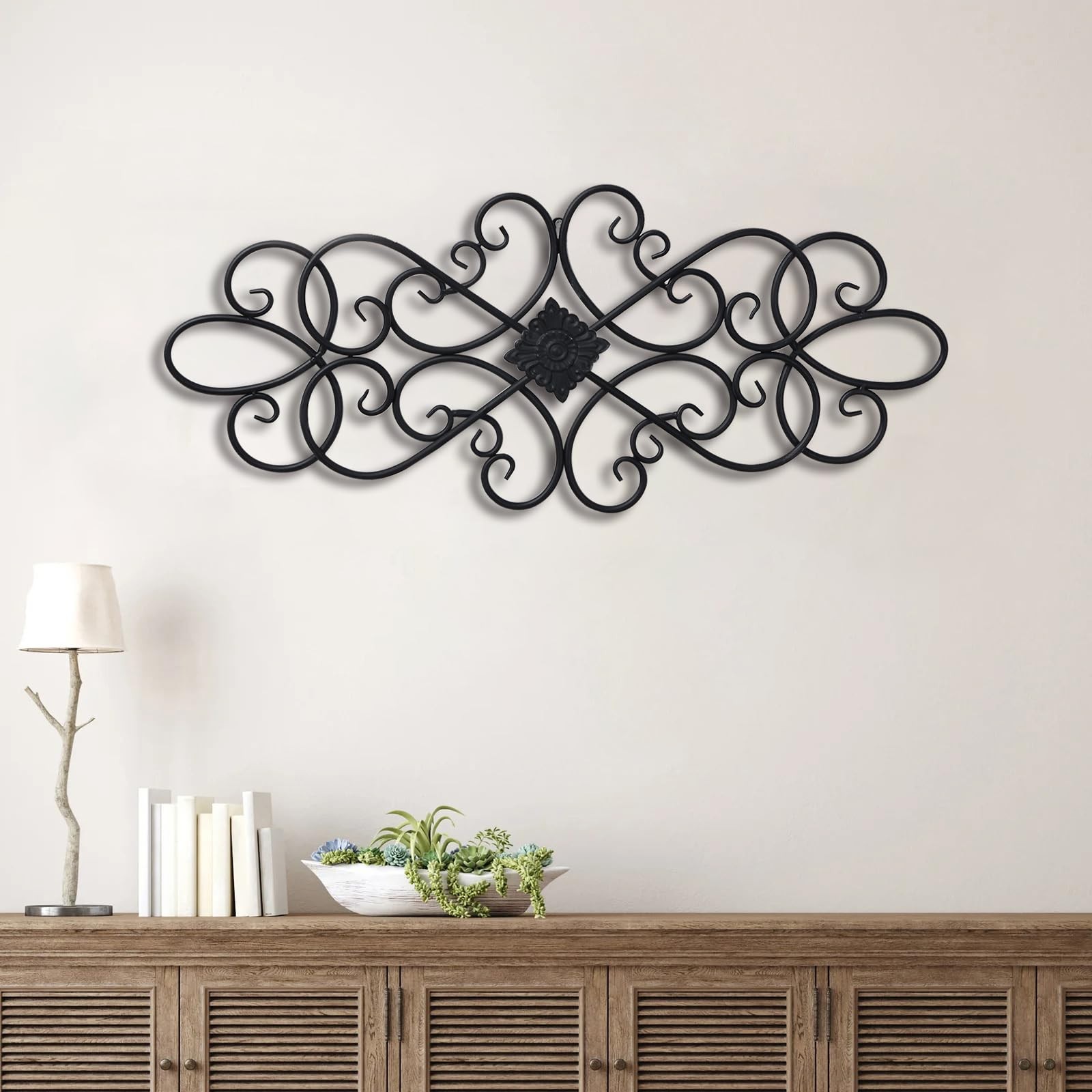 Black Wrought Iron Wall Decor 32″ X 13″, Hanging Flower Scroll Metal Wall Art De