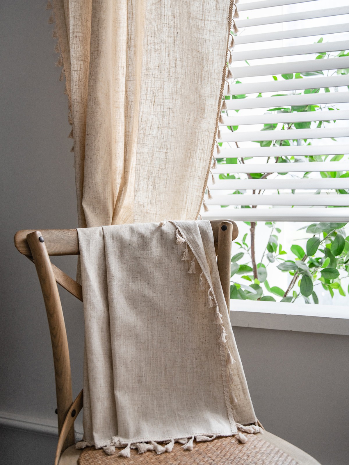 Boho Beige Curtains 94 In Long Bohemia Linen Curtains for Bedroom Living Room