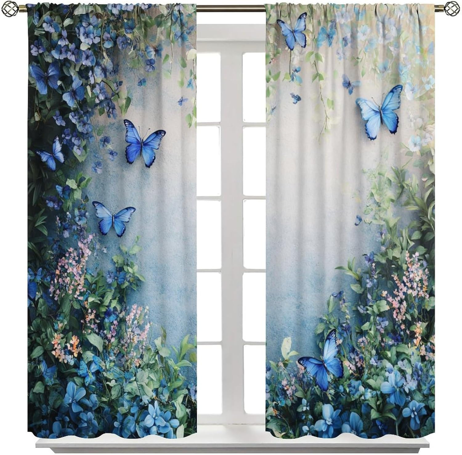 Blue Butterfly Flower Blackout Curtains for Bedroom/Living Room, Beautiful Vine