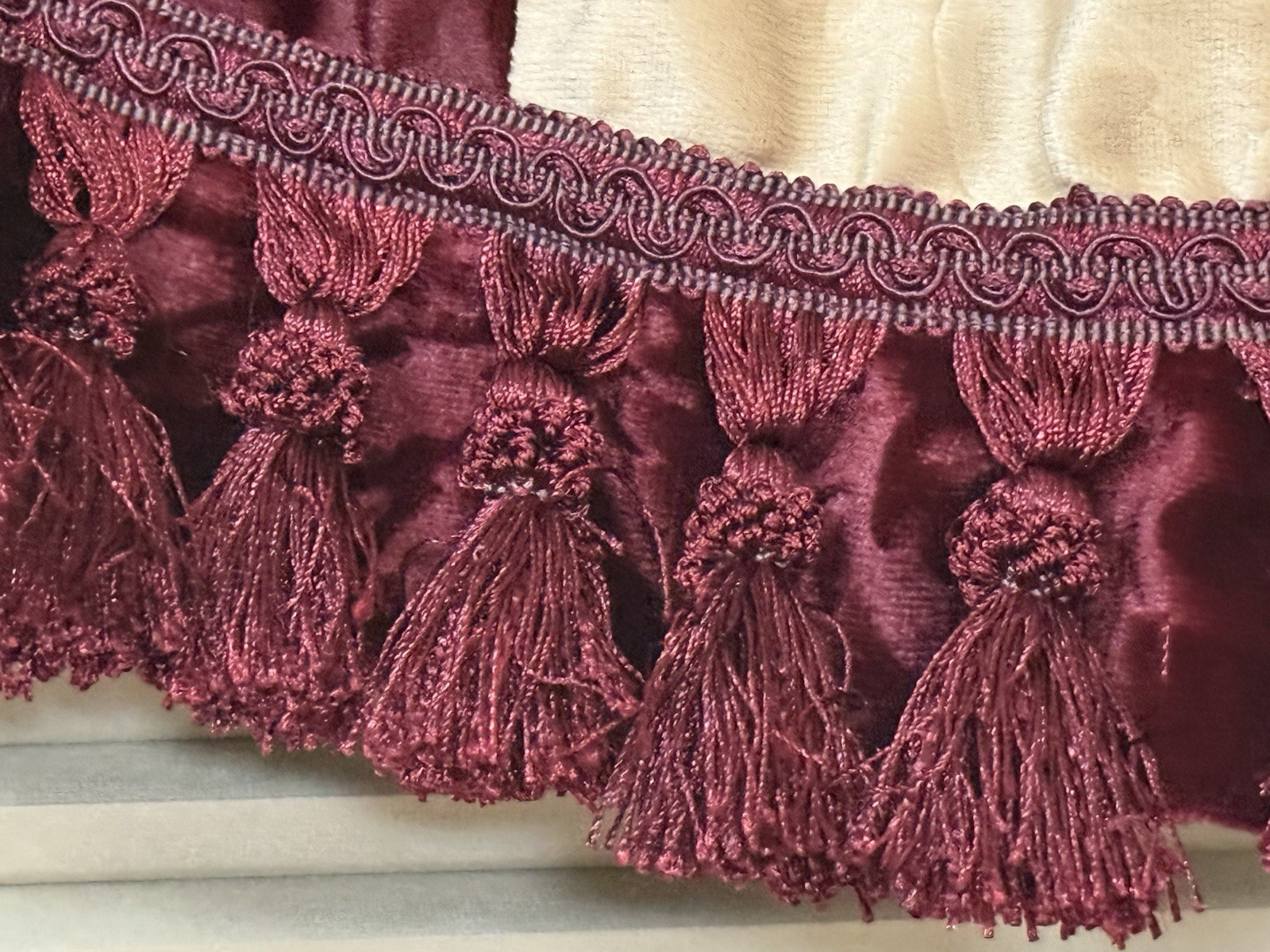 2 Scallop Patchwork Valances Burgundy Green Gold Velvet Tapestry Jarquard 54X18