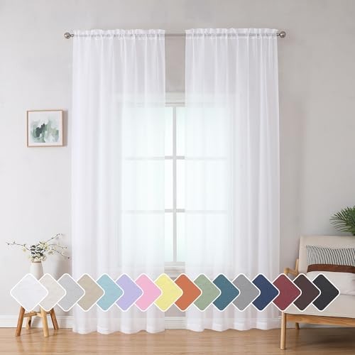 Sheer Curtains 84 inches Length 2 Panels Set, 42″W x 84″L (Pack of 2) White