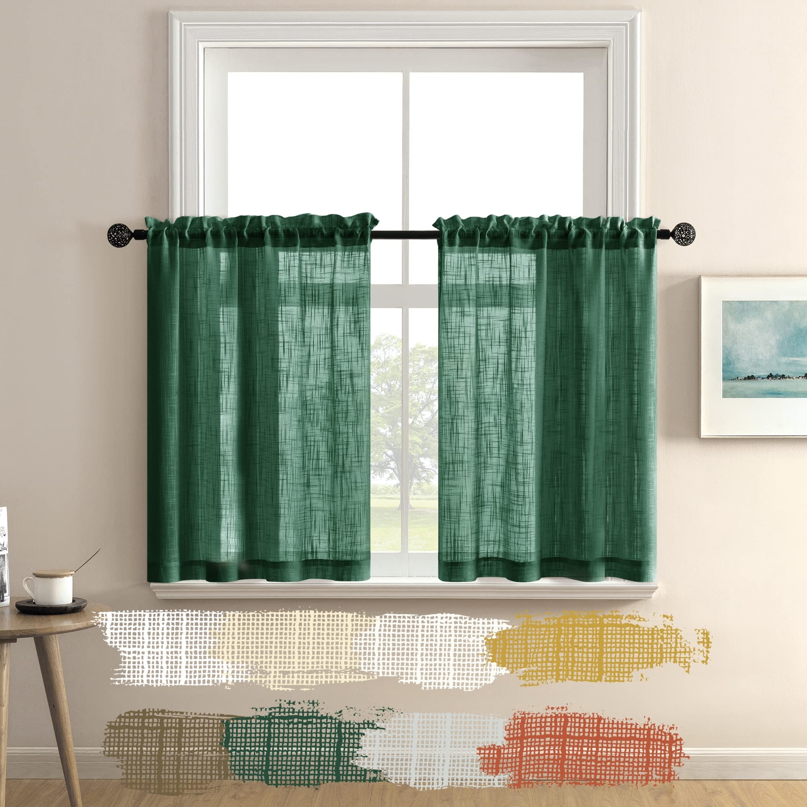 Dark Green Curtains 36 In for Bedroom 2 Panels Small Rod Pocket Cafe Curtain …