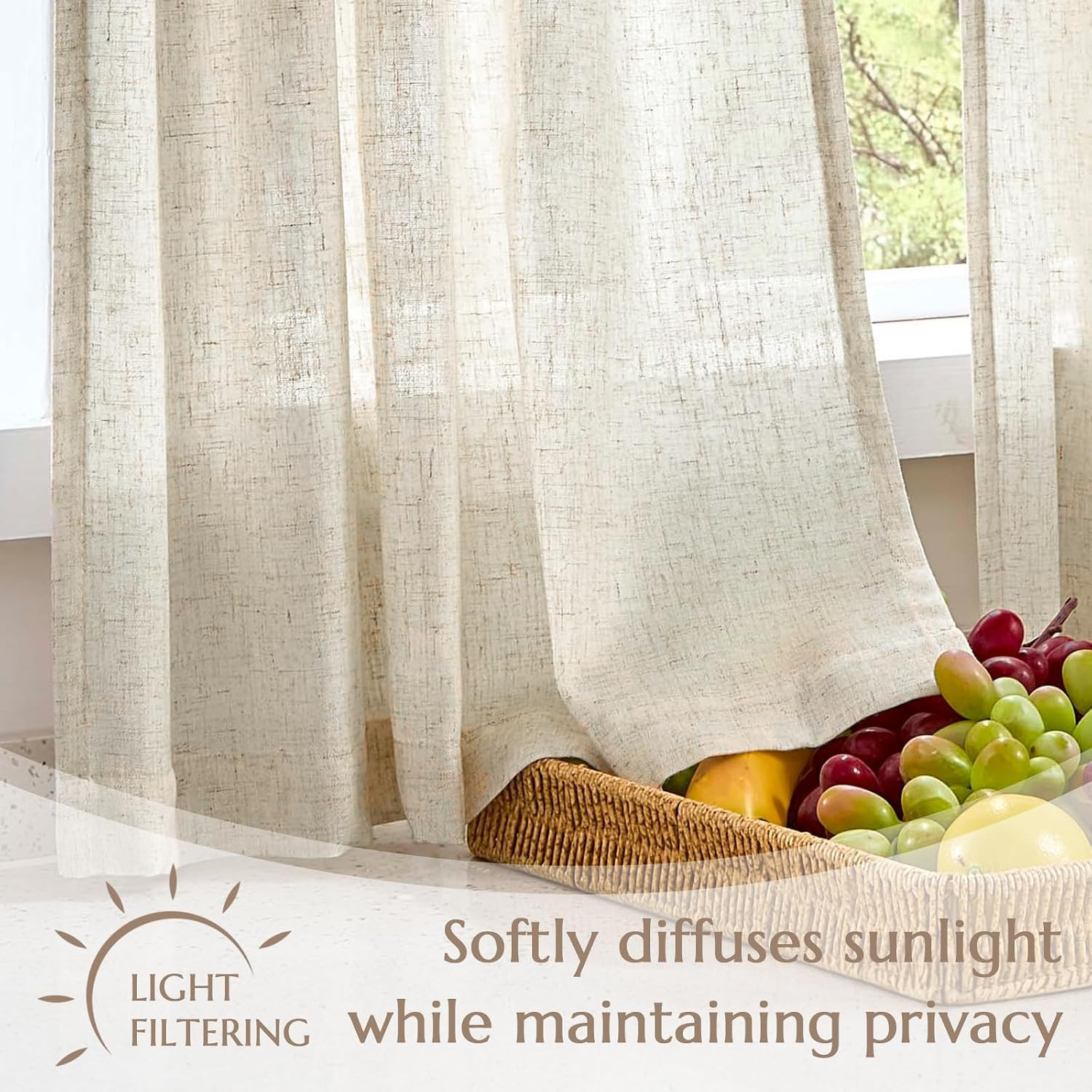Jinchan Linen Tier Kitchen Curtains, 30X36, 2 Panels, Natural | Light Filtering,