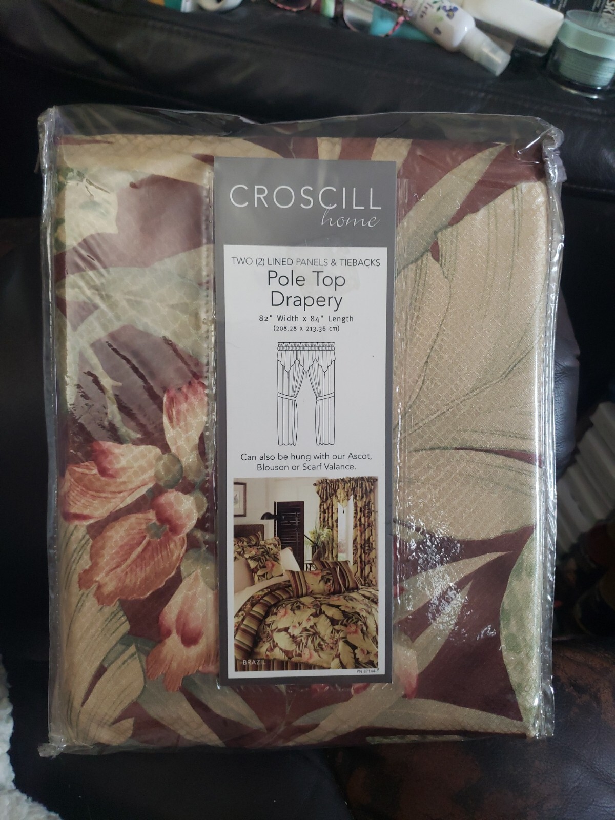CROSCILL Pole Top Drapery 82”X84” 2 Lined Panels/Tiebacks CHOCOLATE BRAZIL