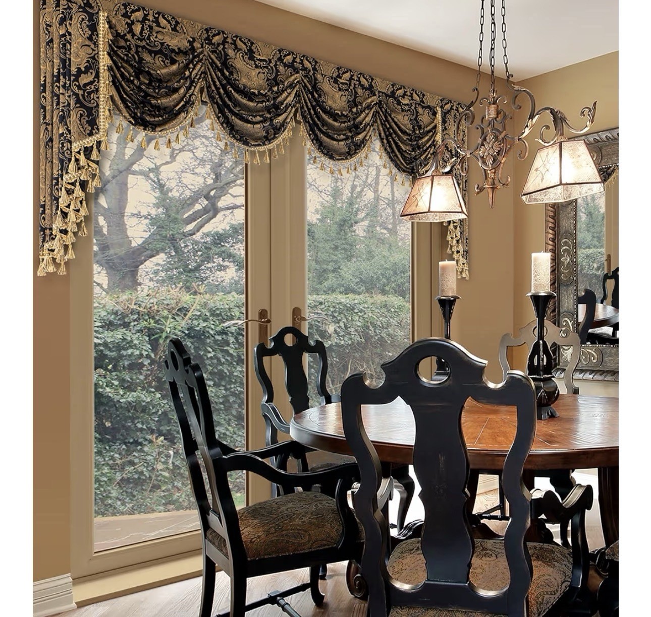 Loom&Mill Luxury Waterfall Valance Black/Gold 110W”x45L” Elegant/Gorgeous