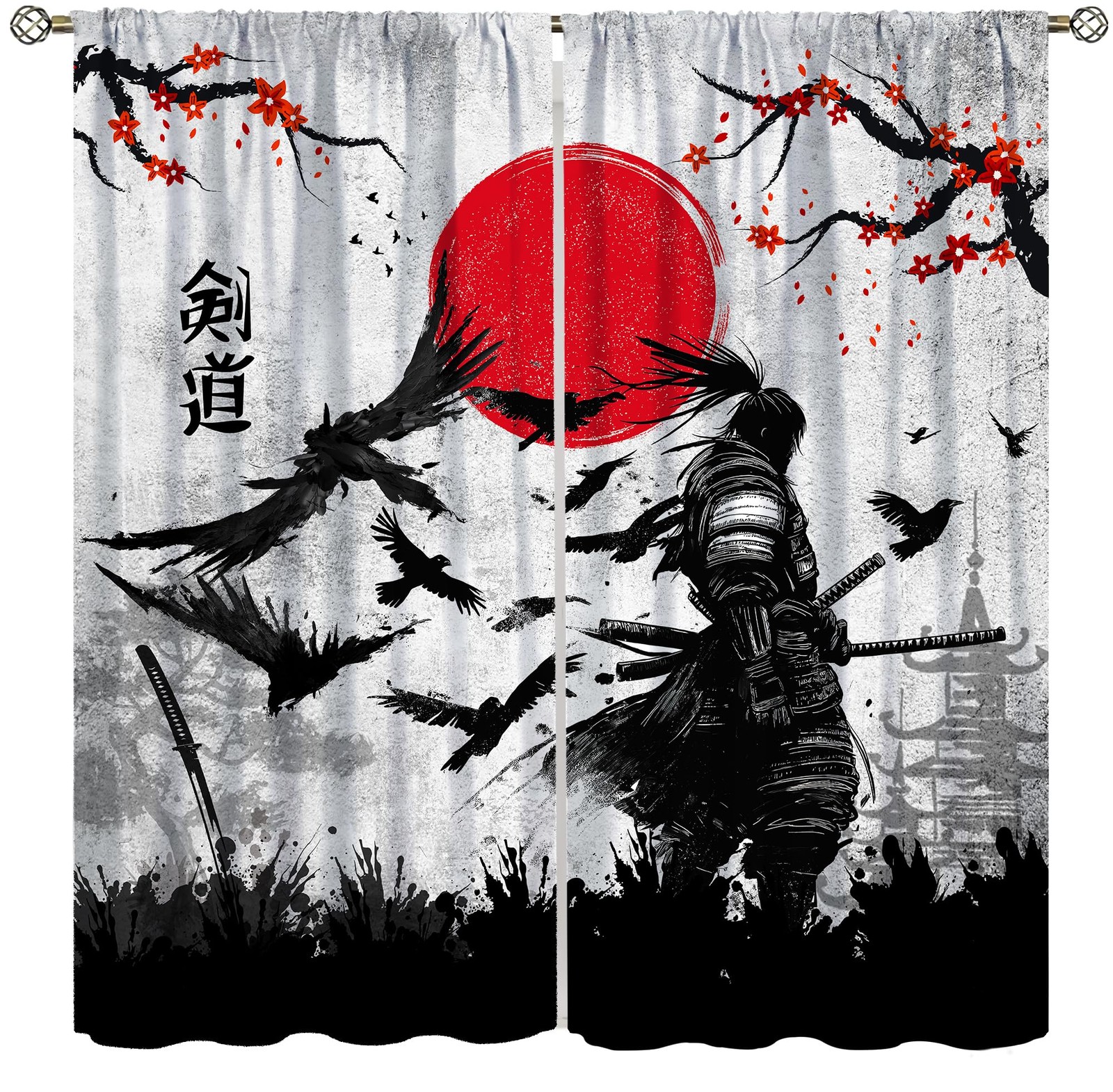 Japanese Samurai Blackout Curtains, Asian Ink Sun Cherry Blossom Crow Bushido…