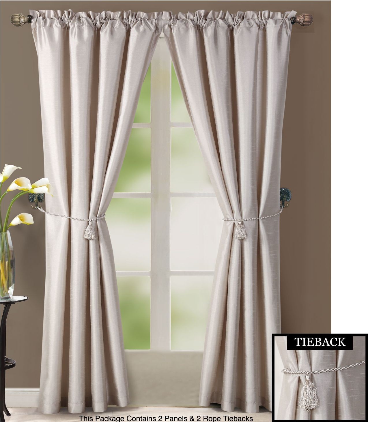 Beige Window Treatment Set : 2-Faux Silk Curtain Panels, 2-Tiebacks, 76″w X 84″l
