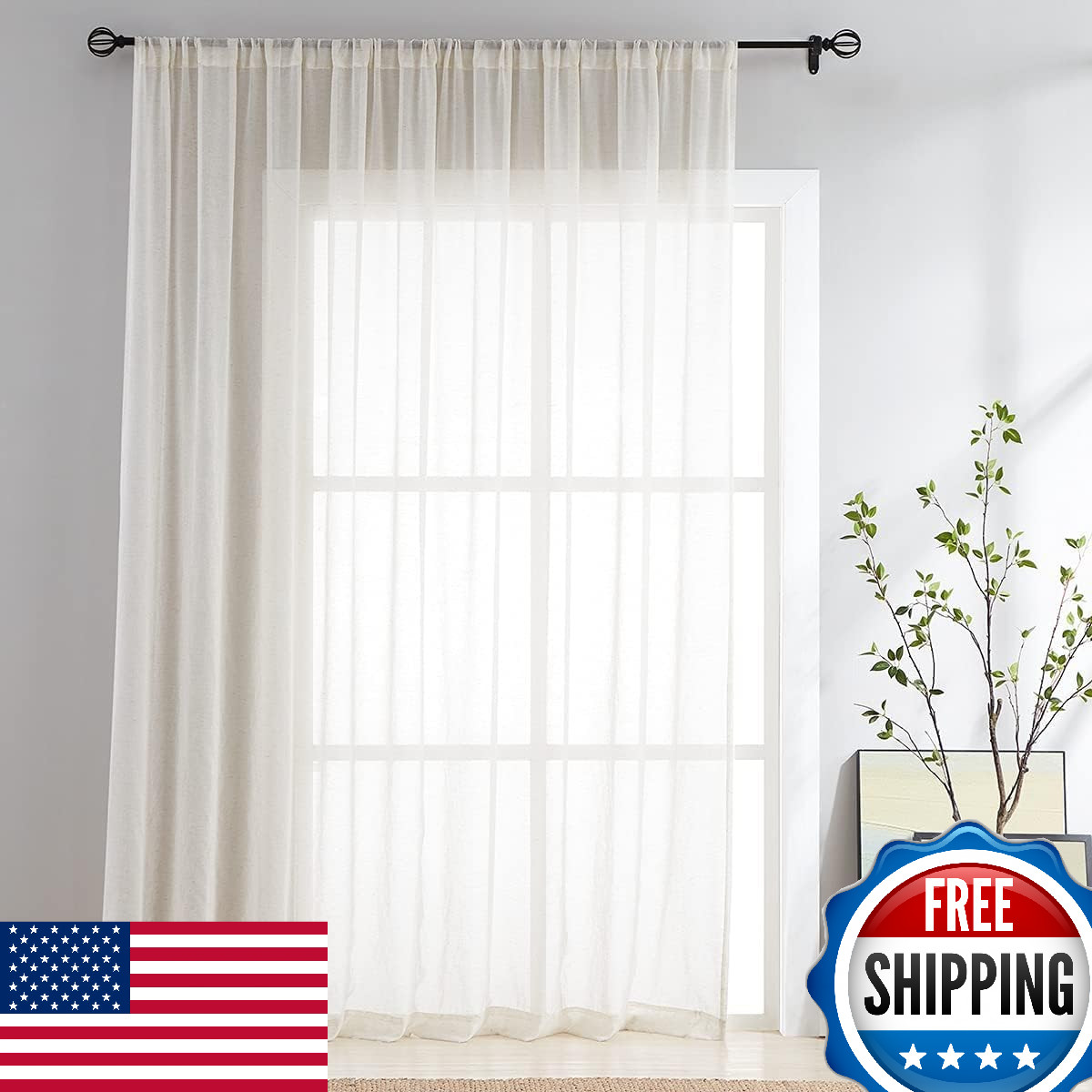 FMFUNCTEX Linen Sheer Sliding Door Curtains 84″ L x 100″ W – Beige Bedroom