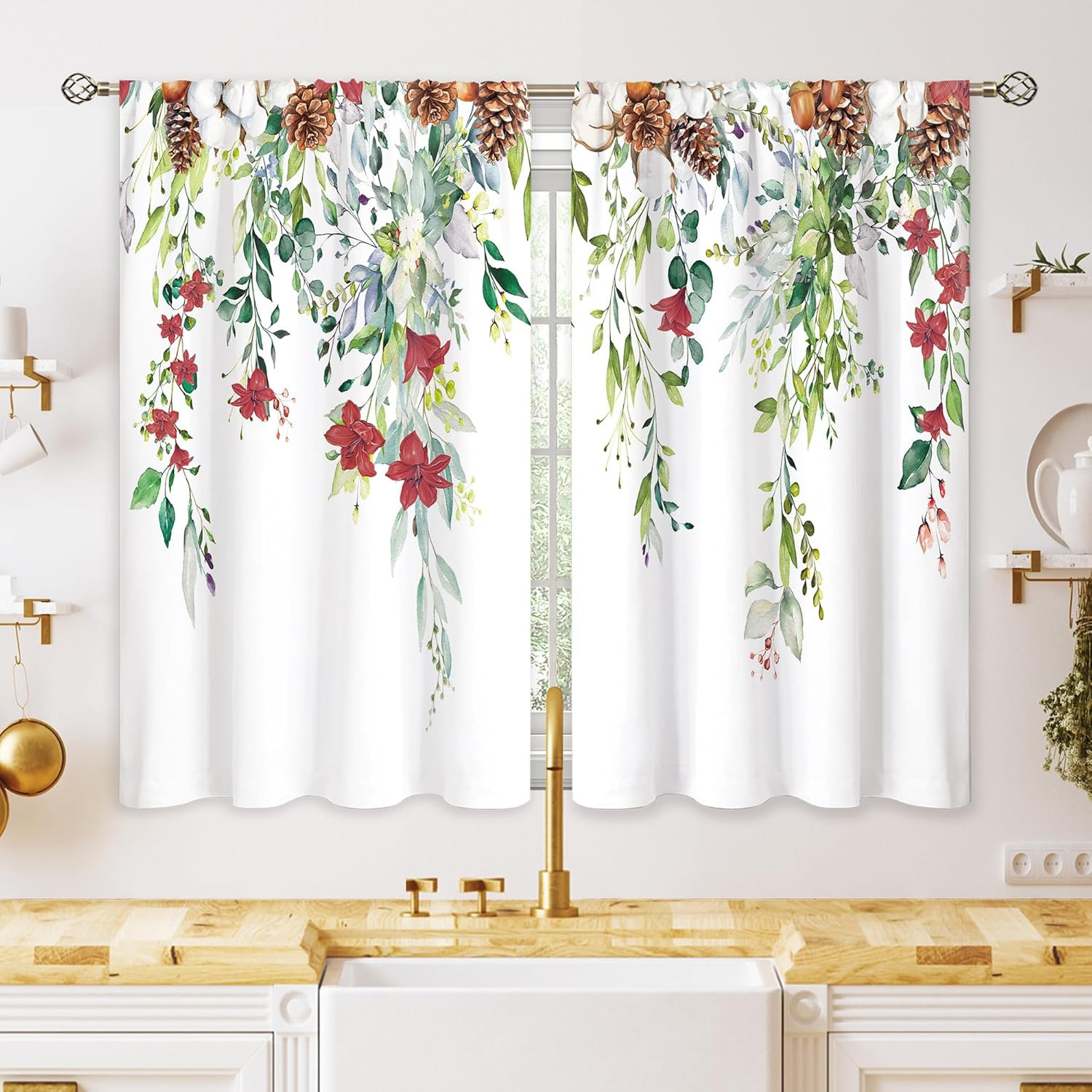 Red Flower Eucalyptus Botanical Leaves Sage Green Christmas Floral Kitchen Windo