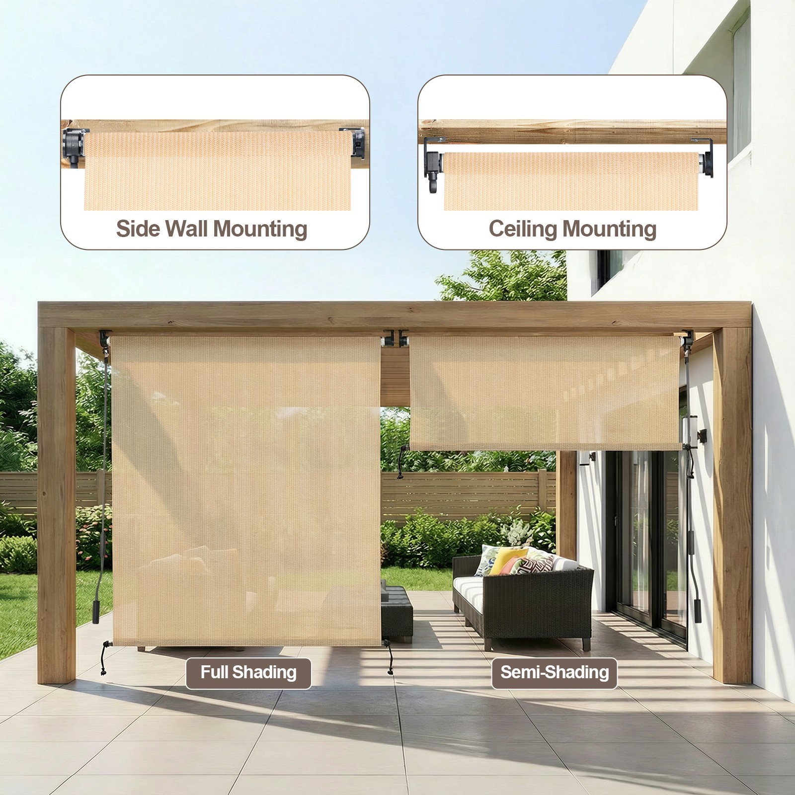 Patio Roller Shade HDPE Fabric Outdoor Cordless Roll Up Shade for Porch Beige