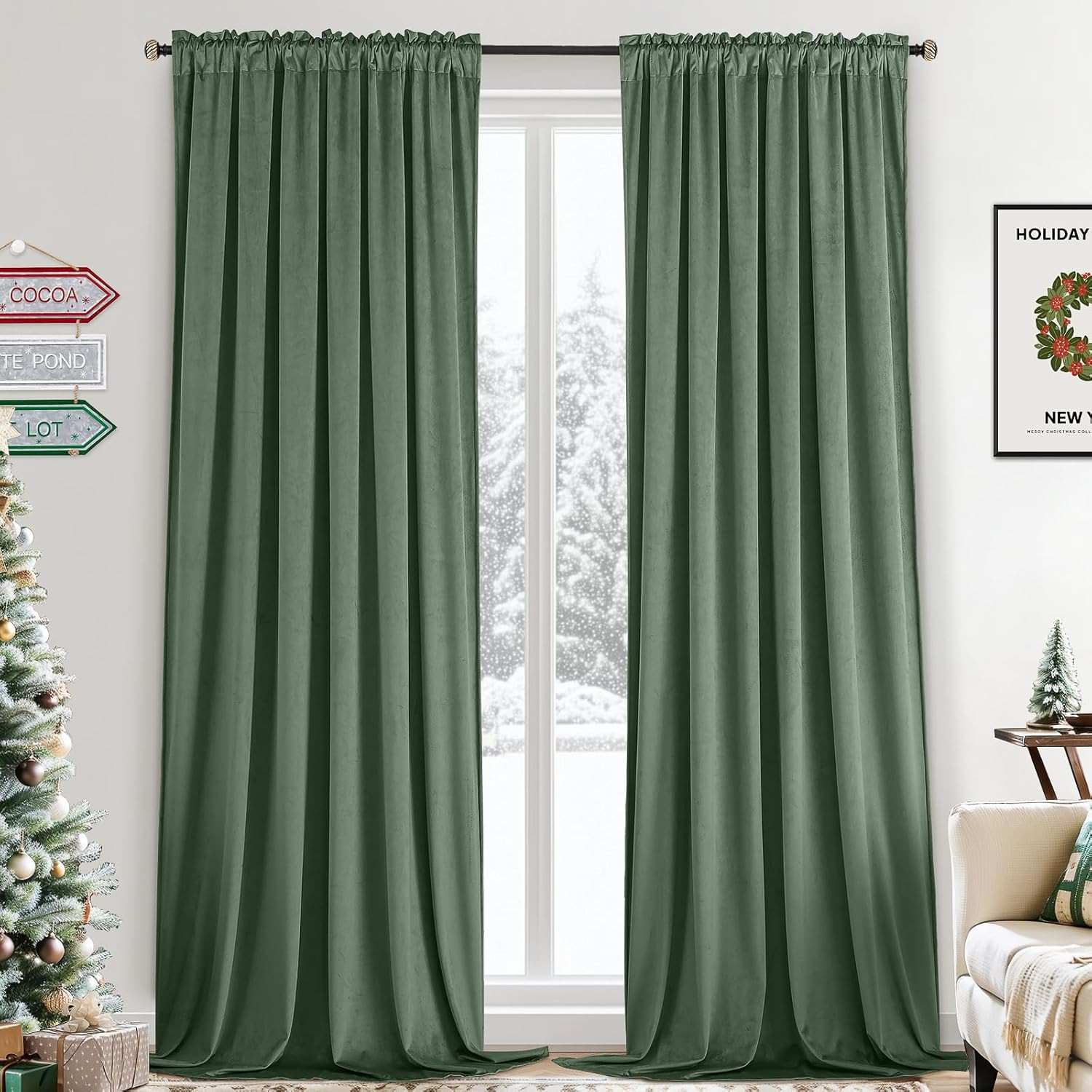 Velvet Curtains 84 Inches 2 Panels – Luxury Room Darkening Sage Green Curtains f