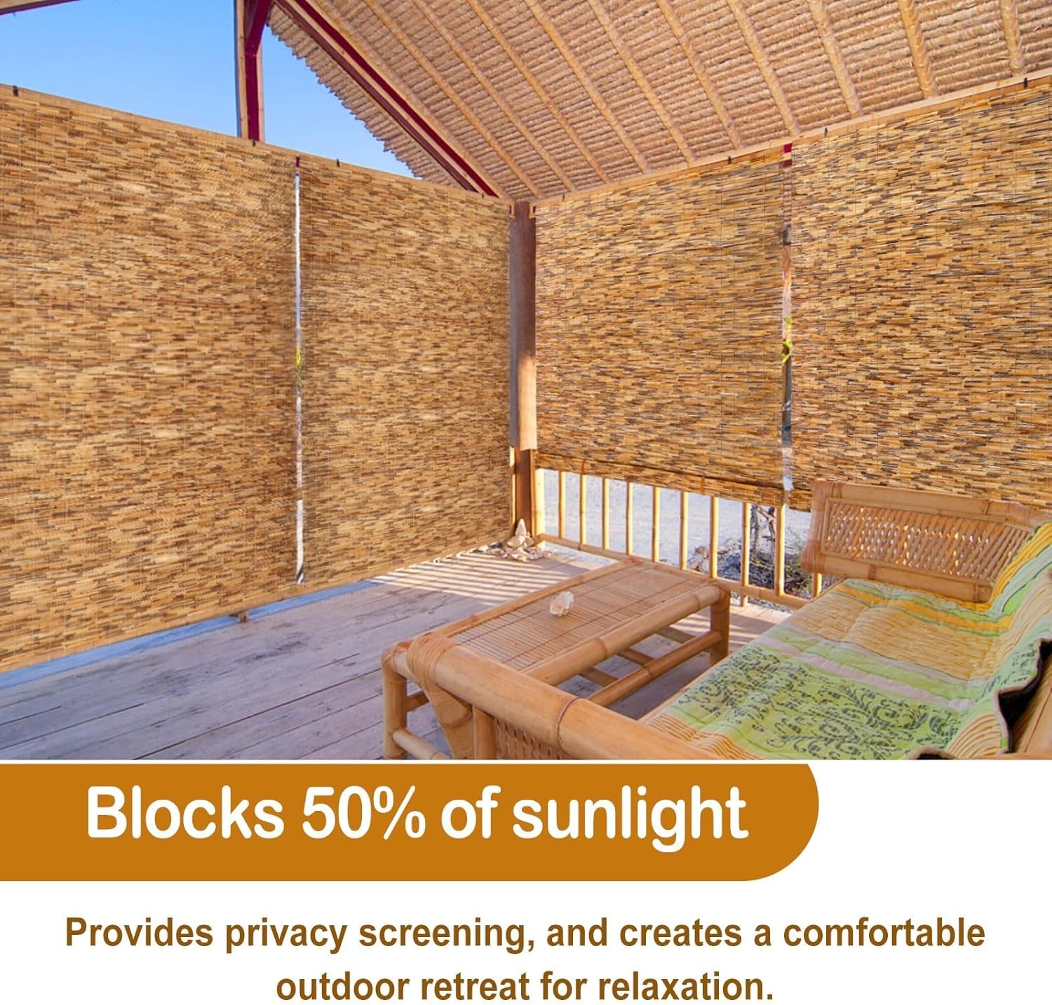 2 Pcs Bamboo Shades Outdoor Reed Roll up Blinds 84″ W X 72″ H Blackout Sunshade